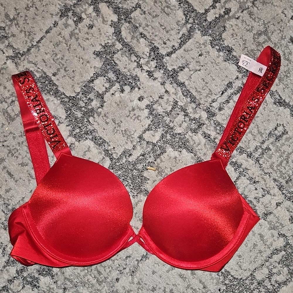 Victoria's Secret Red Satin Push-Up Bra with Logo Straps